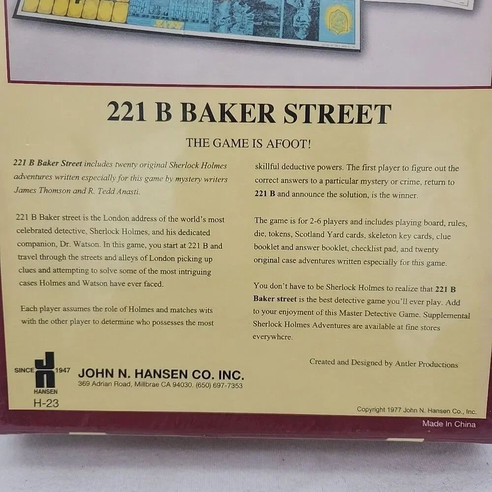 Game 221B Baker Street Sherlock Holmes The Master Detective Hansen 1977 NEW